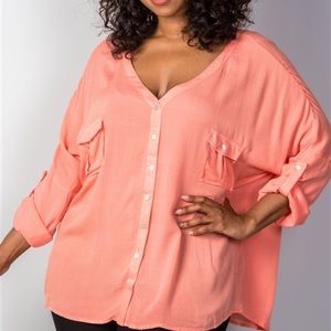 Coral "V" Neck Criss Cross Back Top